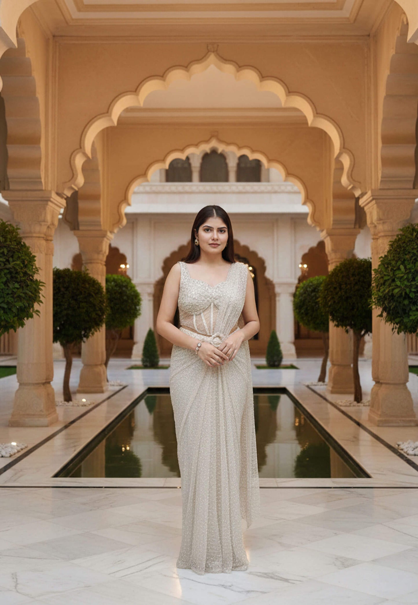 Mesh Net with Heavy Full Hand Work Stylish Drape Saree in Golden