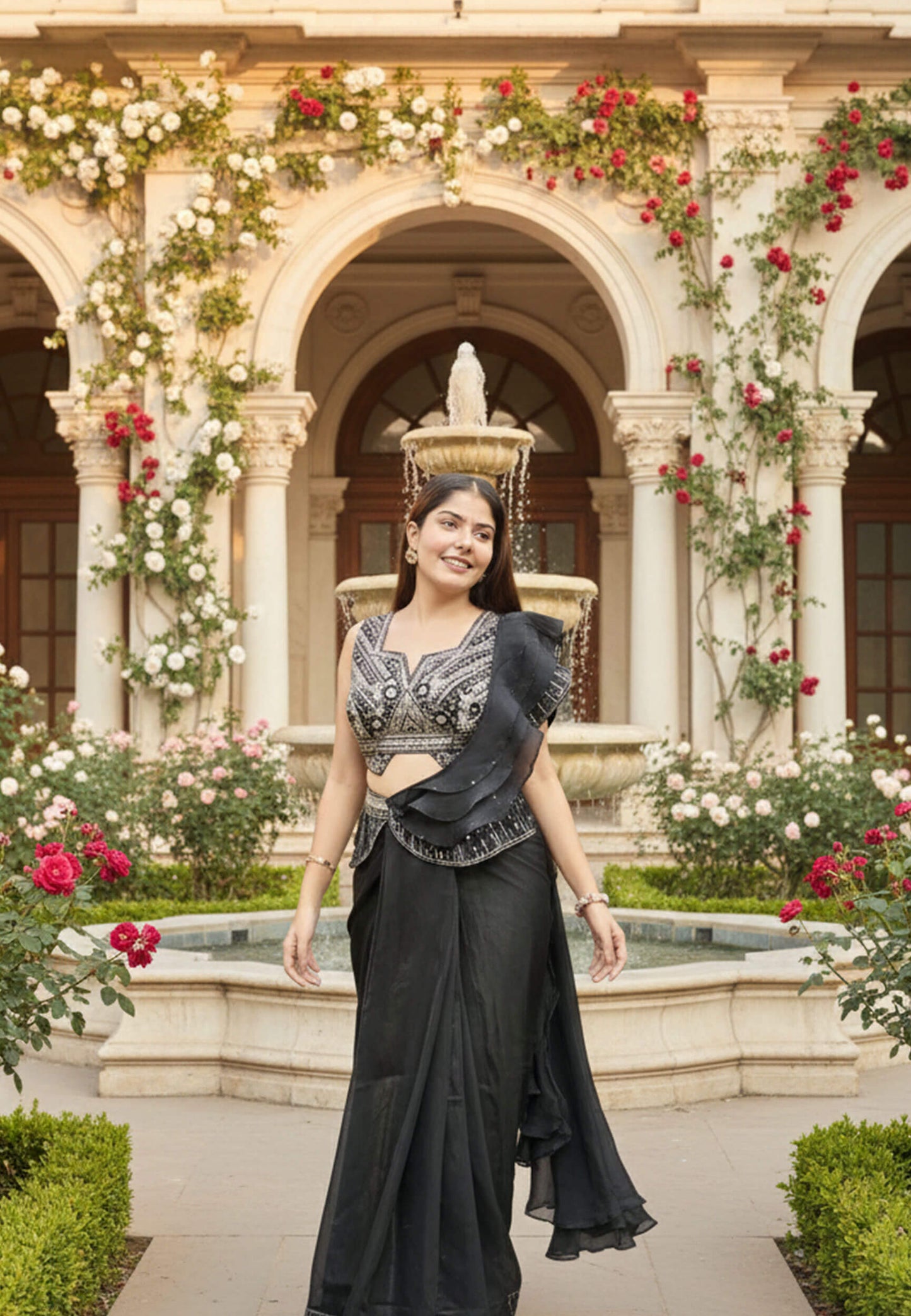 Organza Silk Saree with Stylish Hand Work Blouse and Ruffles Designing - Black