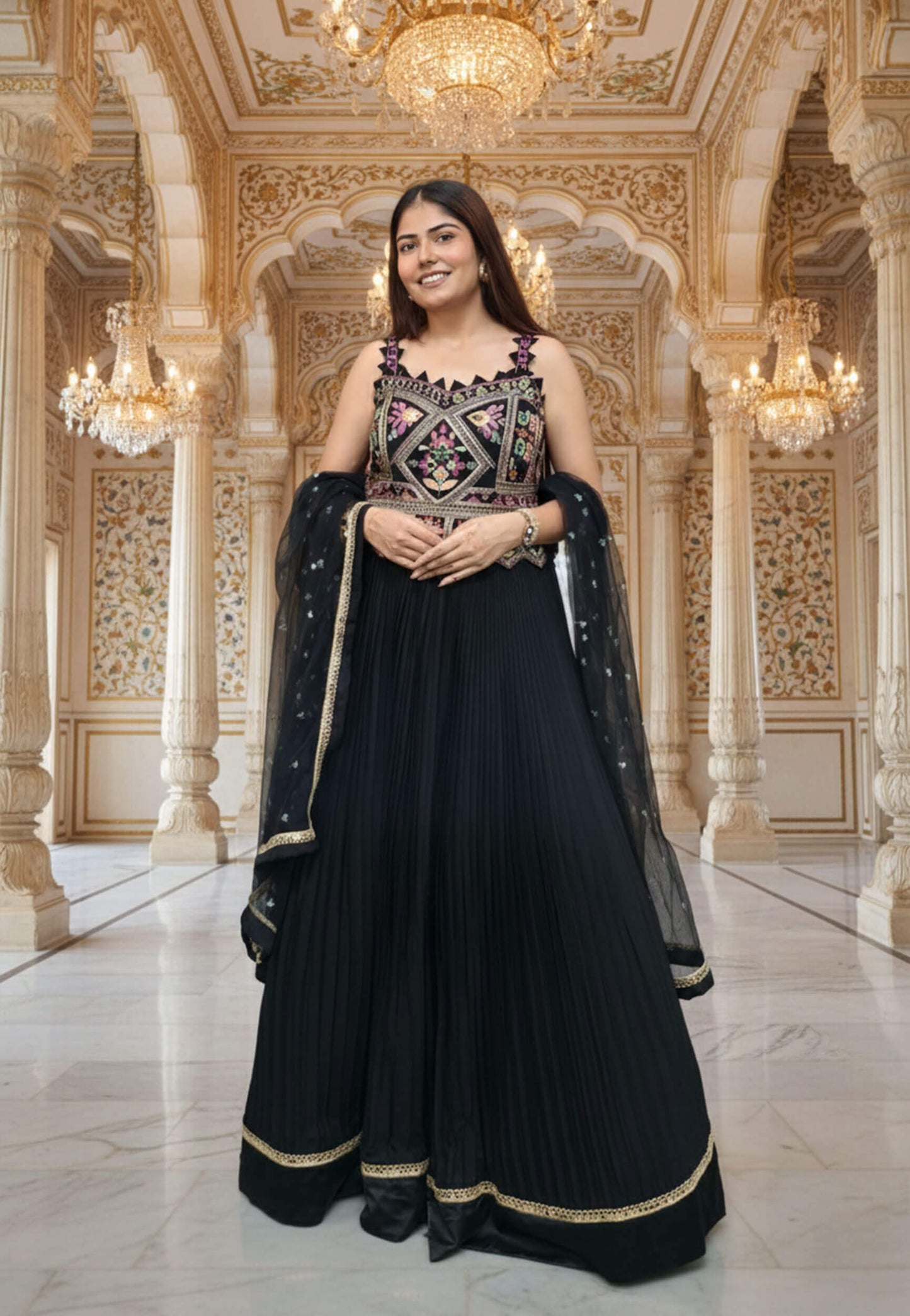 Spaghetti Style Multi Embroidered Mirror Work Anarkali Dress in Chinnon Silk