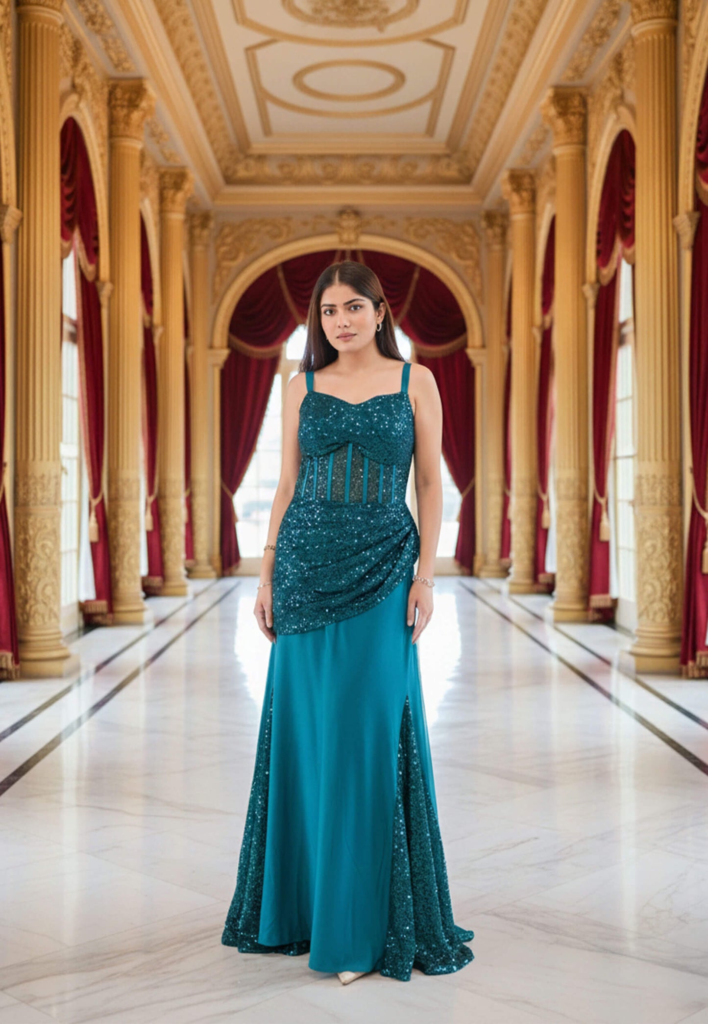 Western Style Fish Cut Dress with Heavy Sequence Work - Mesh Net Hand Work