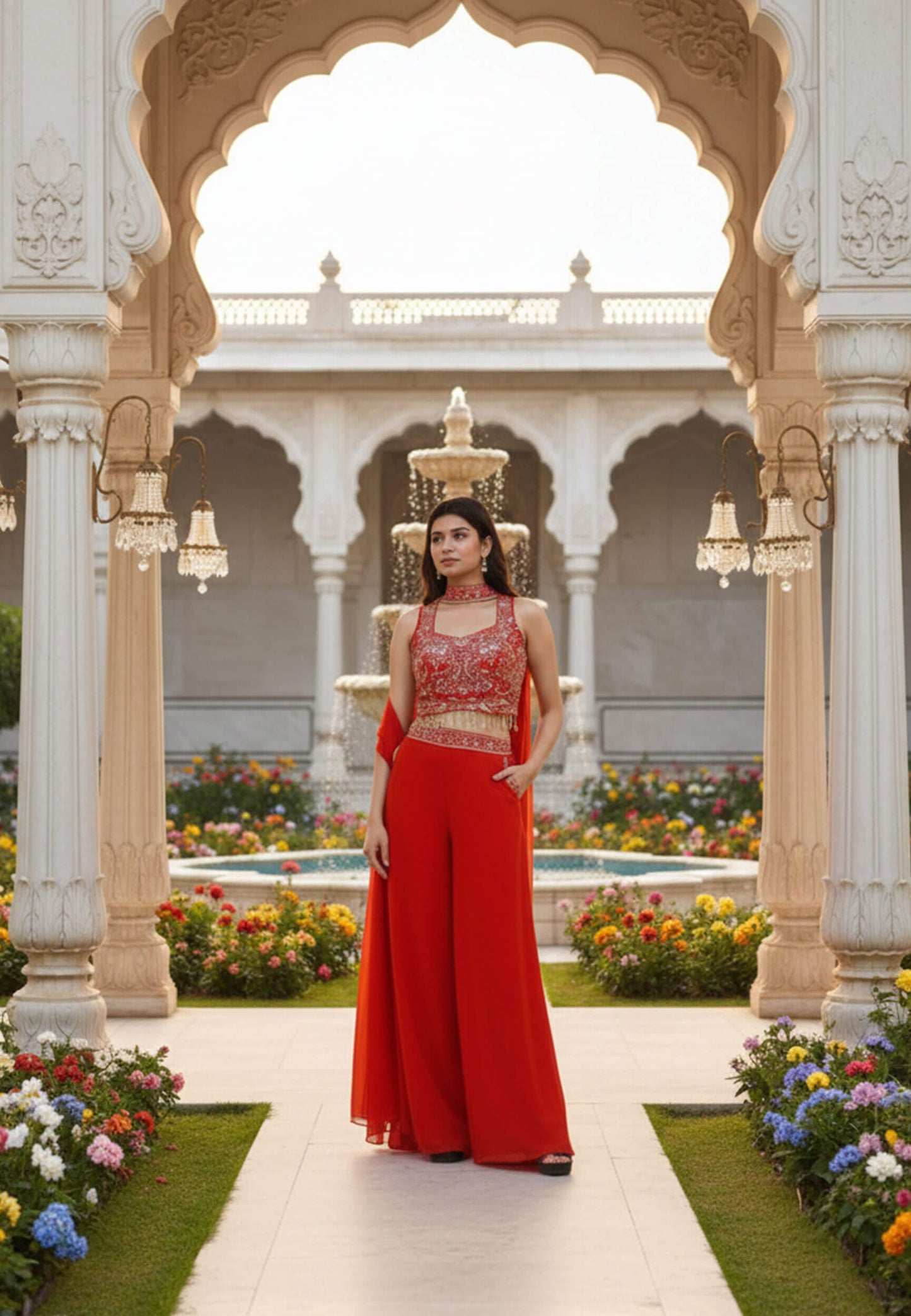 Crop Top Sharara with Choker Dupatta in Orange - Georgette Hand Work