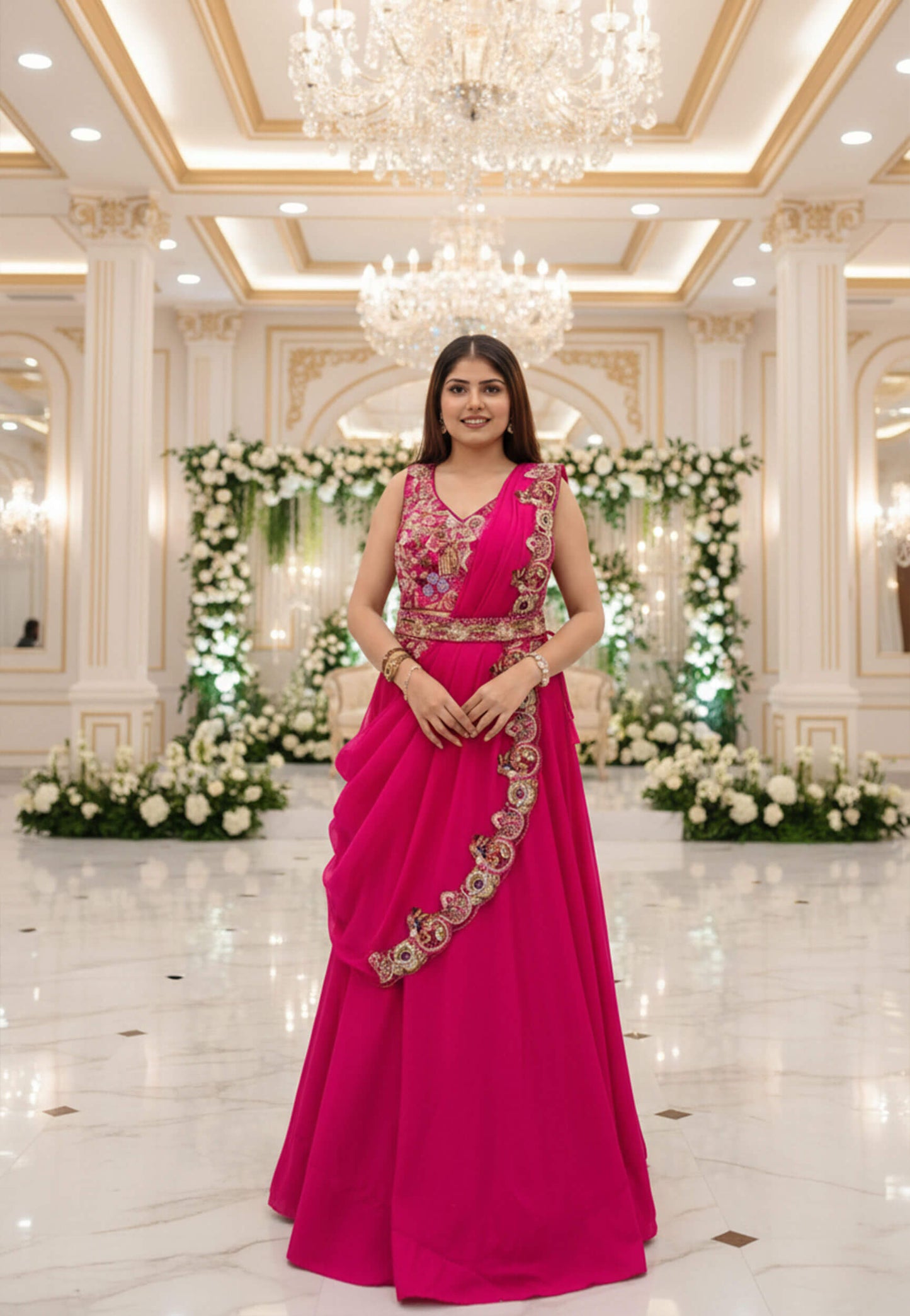 Multi Embroidered Indo Western Dress with Belt and Designer Cape - Georgette