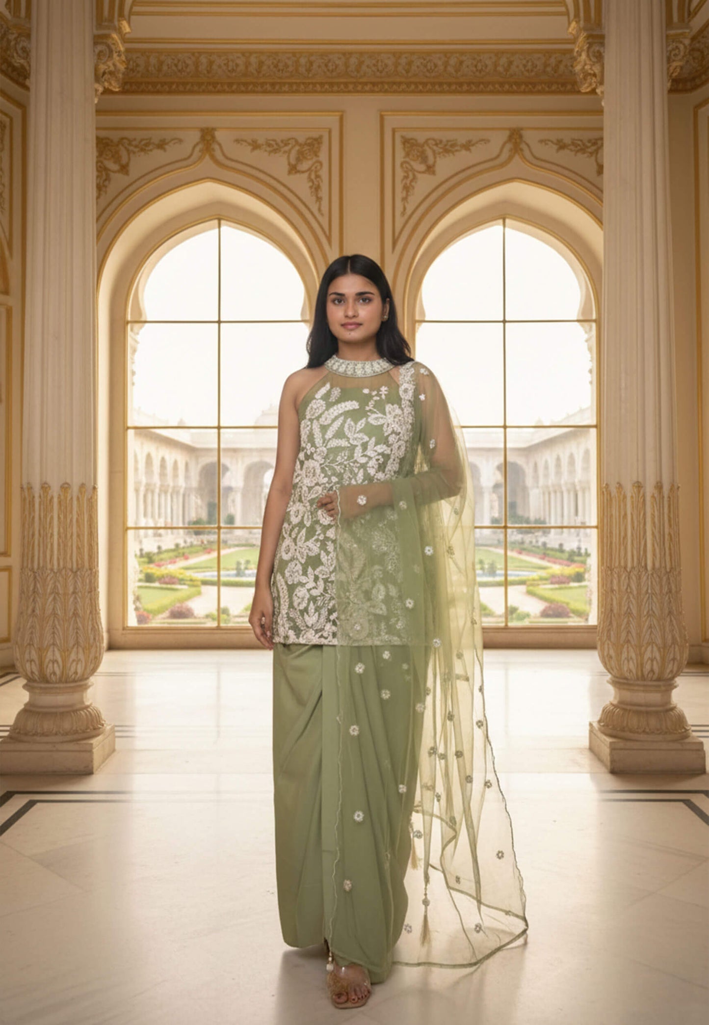 Halter Neck Designer Indo Western Dress with Cowl Skirt - Armani Satin Hand Work