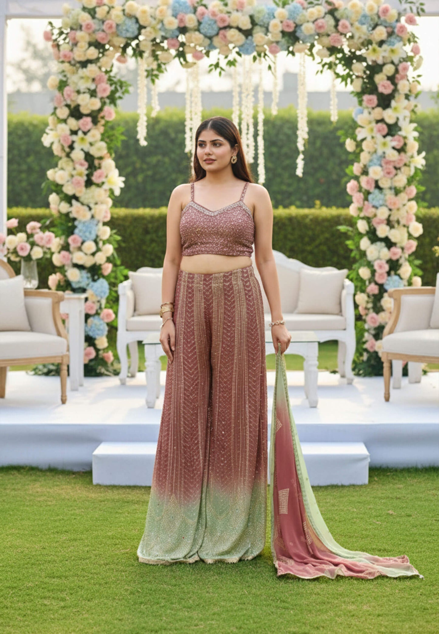 Spaghetti Style Girlish Crop Top Sharara Dress in Ombre - Viscose Georgette