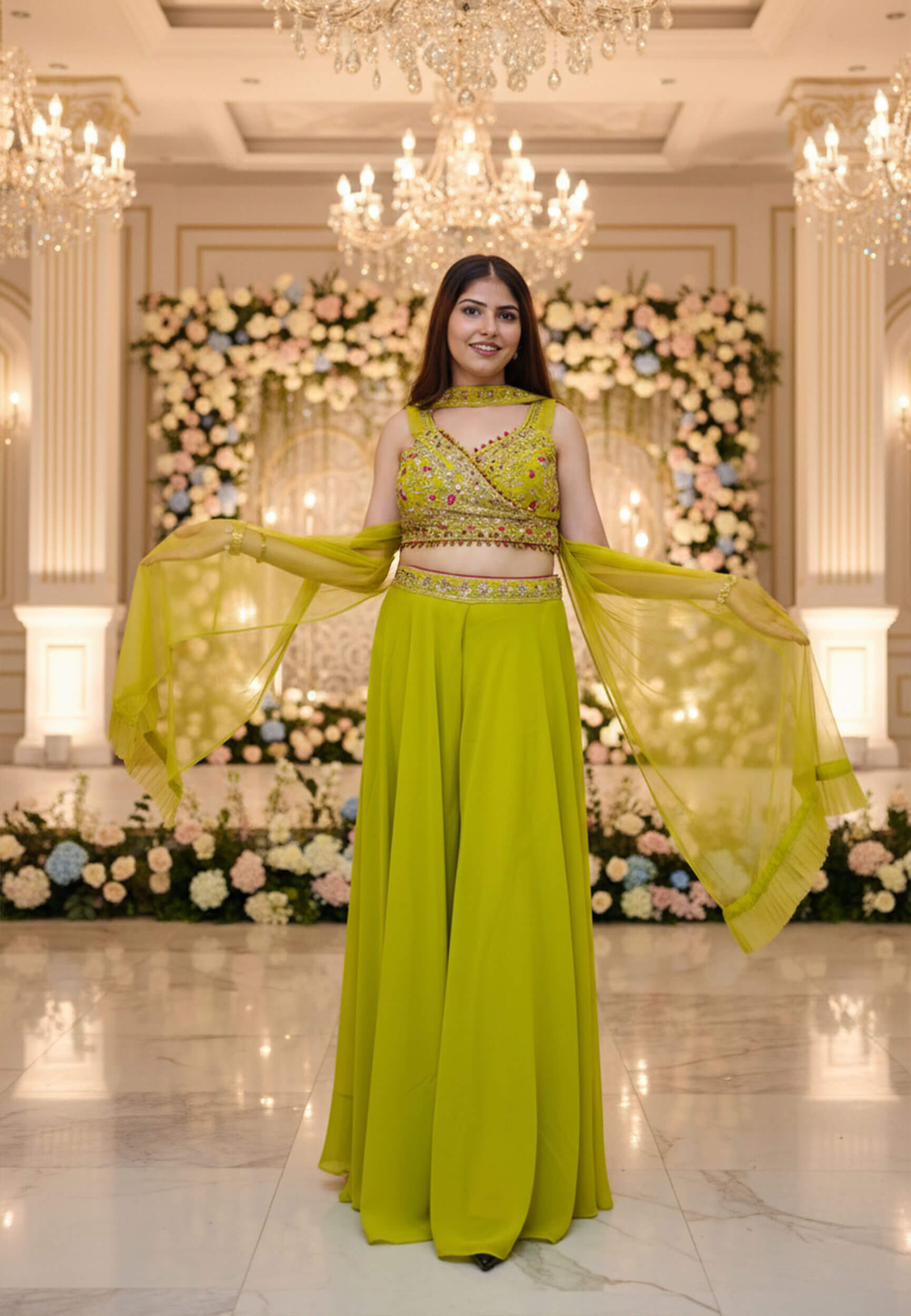 Crop Top Sharara Dresses Designs Embellished Crop Top Sharara Dress With Choker Dupatta For Haldi/Mehendi