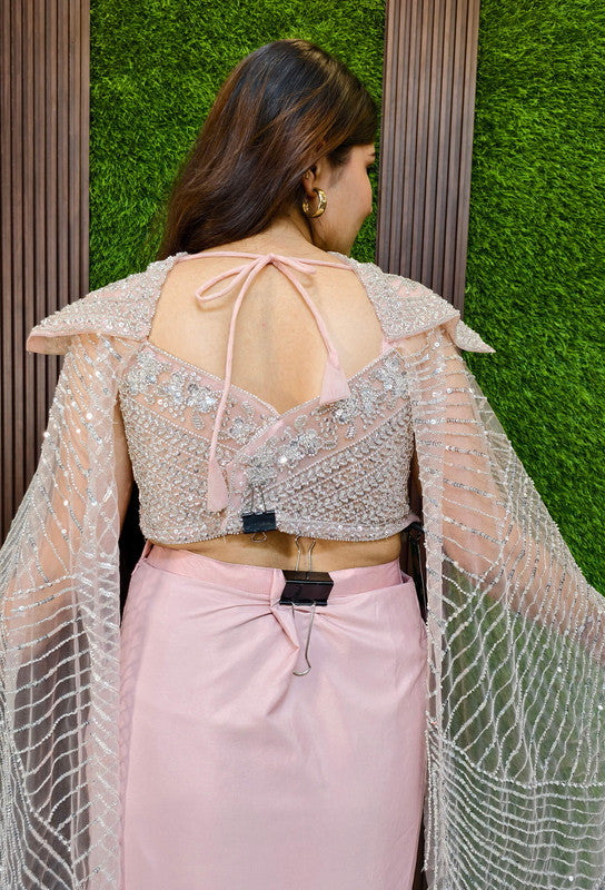 Hand-Embellished Corset Crop Top with Satin Tulip Skirt and Attached Falling Sleeves - Designer Occasion Set