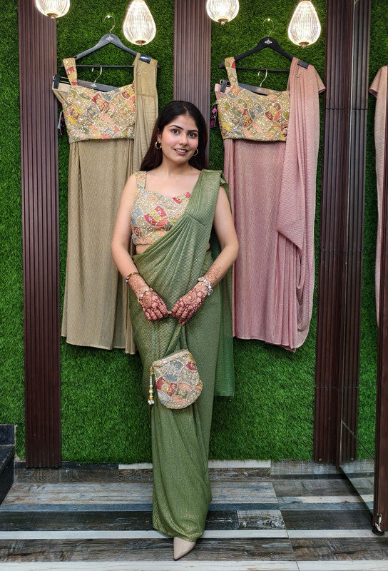 Designer Ready-to-Wear Crinkle Shimmer Saree with Multi Embroidered Blouse and Embellished Purse