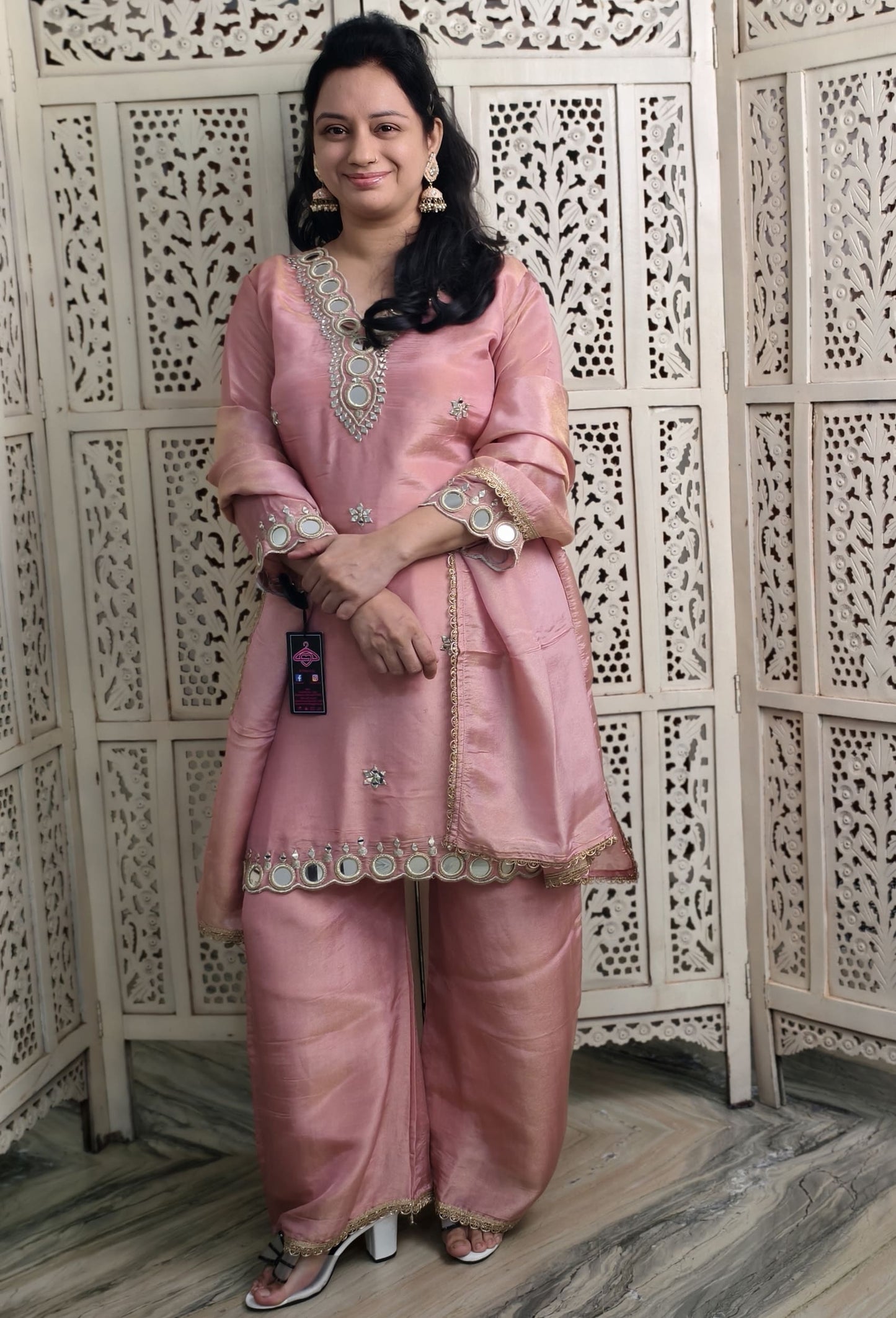 Partywear Mirror Work Palazzo Suit with Shimmer Tissue Silk Dupatta