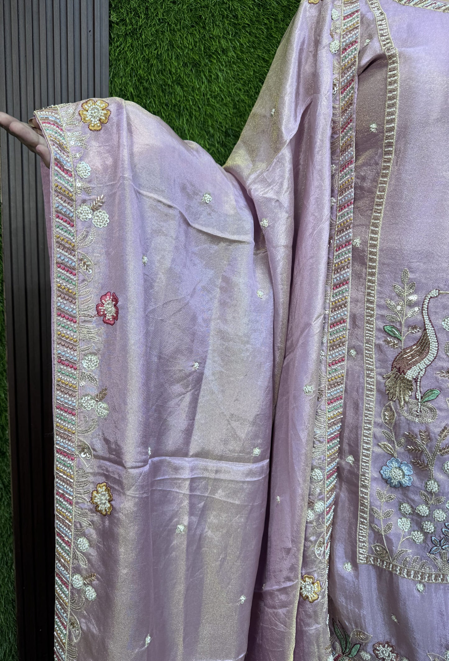 Chinnon Silk Partywear Plazo Set Suit with Peacock Bead Embroidery Dupatta