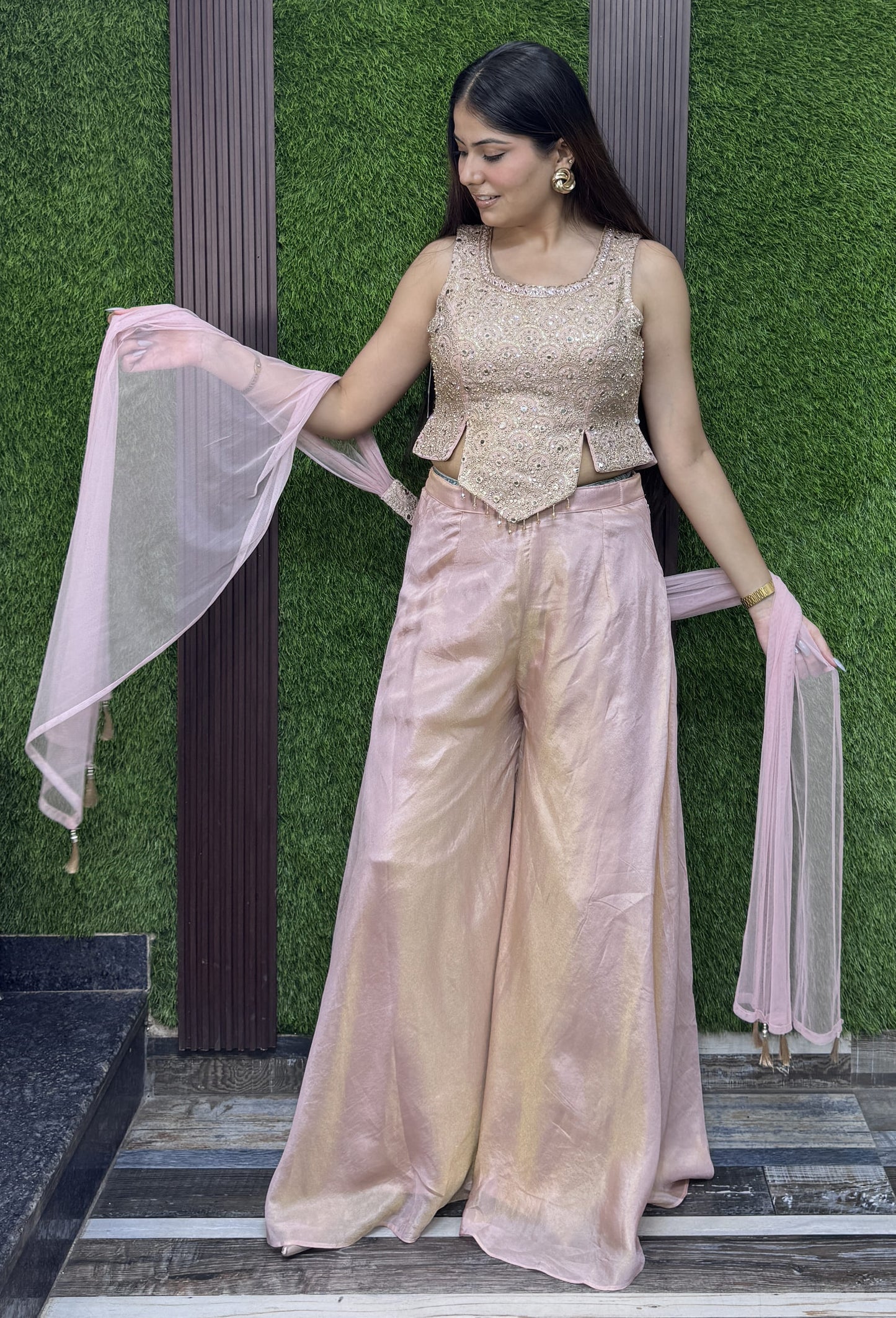 Girlish Crop Top Sharara Mirror and Sequence Work Dupatta in Light Pink