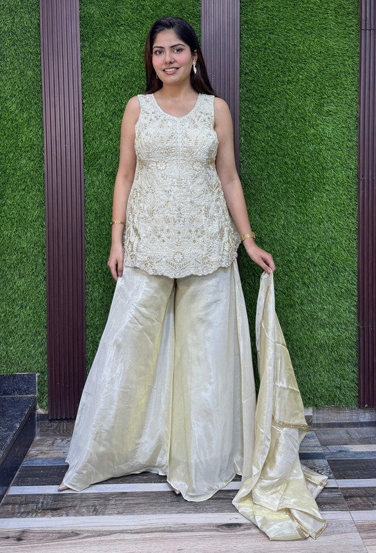 Elegant Shimmer Tissue Silk Nude Gold Short Peplum Co-Ord Set with Plazo & Dupatta