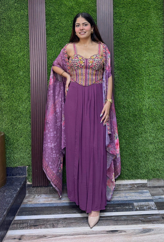 Beautiful Georgette Indo-Western Dress with Printed Digital Cape Shrug & Mirror Work Corset Blouse