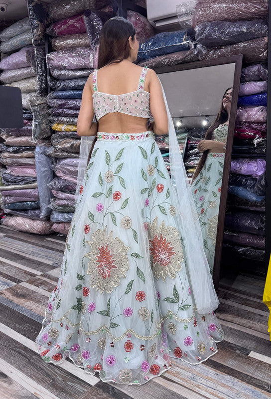 Stylish Sky Blue Hand Embellished Pearl Beadwork Lehenga Choli with Connected Falling Sleeves