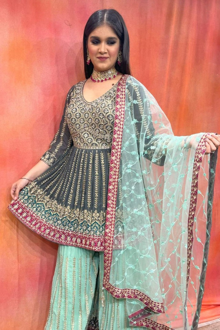 Peplum Shirt Heavy Partywear Sharara Suit in Green – Spend Worth