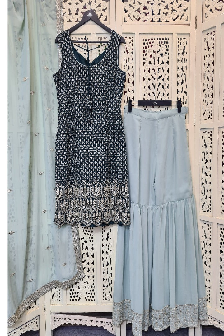 Sharara Suit In Contrast In Blue-spendworthclothing-Color_Blue,Easy-Returns,Free-Shipping,Item Type_Plazo Suits,Item Type_Sharara Garara Suits,Material_Georgette,Plazo-Suits,Sharara-Garara-Suits,Size_Large,Size_Medium,Size_Small,Speedy-Deliveries,SUIT-SETS