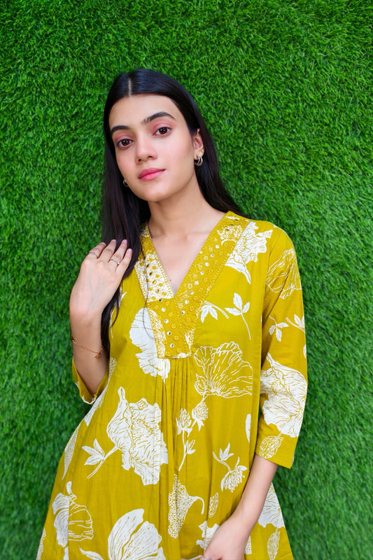 Mustard Yellow Pure Cotton printed 2 Piece Set