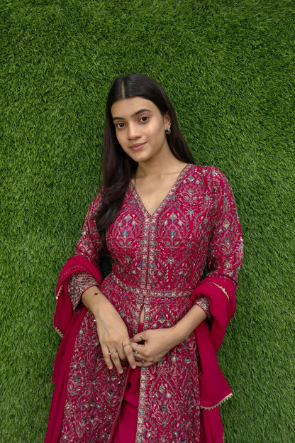 Beautiful front cut Indo Western dress in Hot Pink