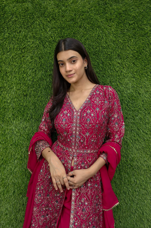 Beautiful front cut Indo Western dress in Hot Pink