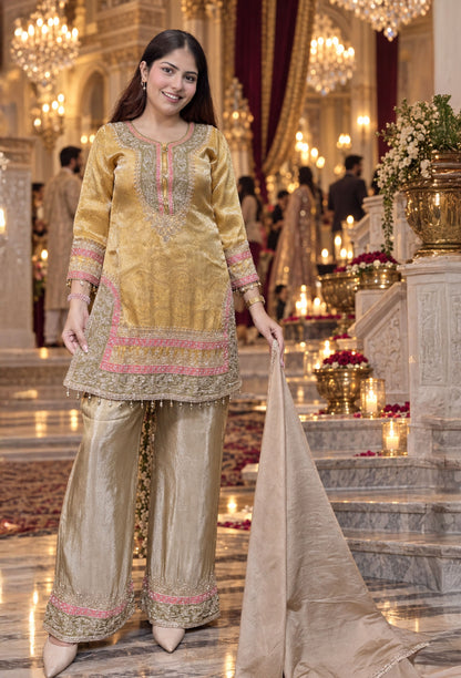 Banarasi Jacquard Silk Sharara Suit with Contrast Bottom and Organza Dupatta