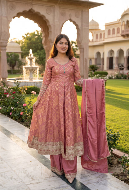 Pure Banarasi Silk Front Cut Anarkali with Chinnon Palazzo and Dupatta