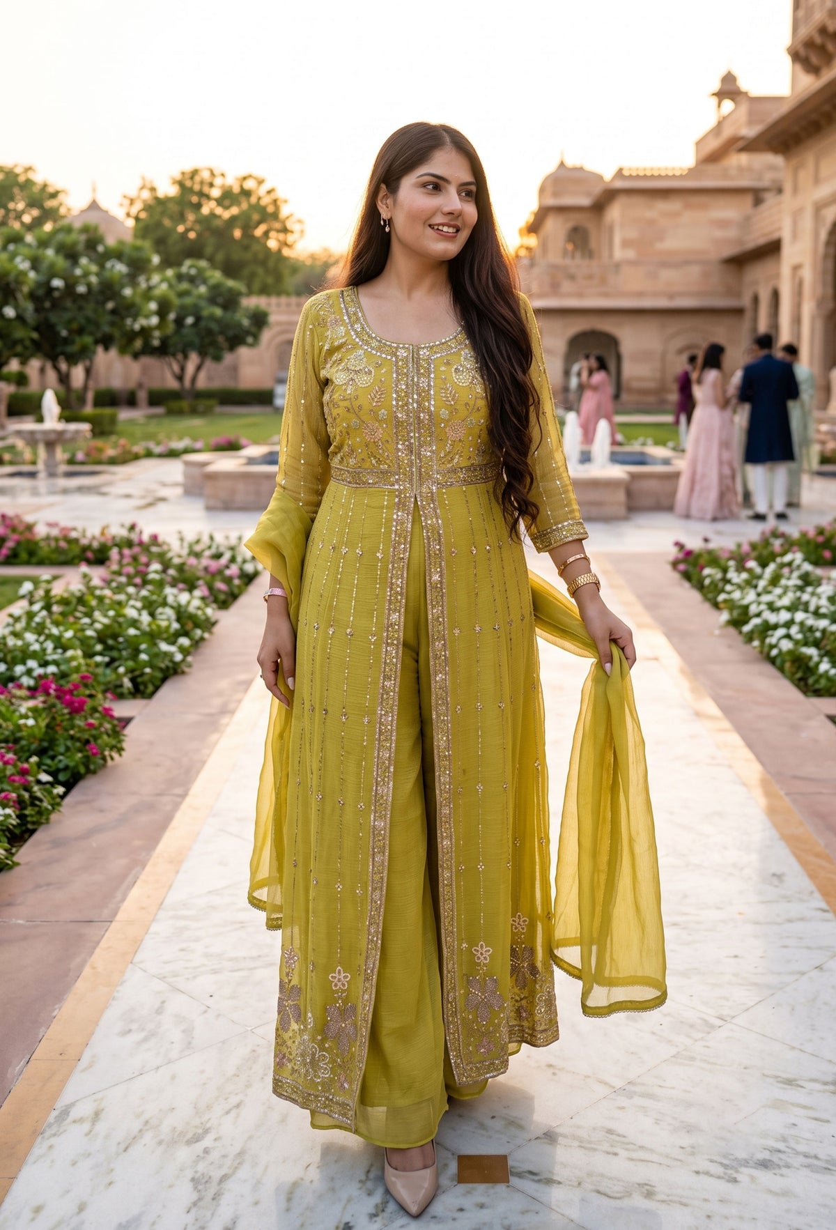 Designer Front Slit Anarkali with Palazzo and Silk Dupatta