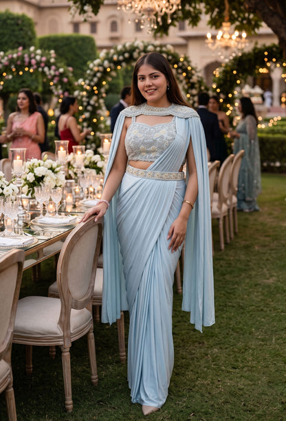 Ready to Wear Drape Saree with Pearl Beaded Blouse Cape and Waist Belt