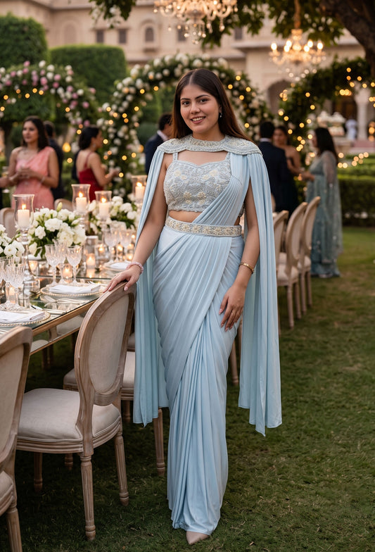 Ready to Wear Drape Saree with Pearl Beaded Blouse Cape and Waist Belt