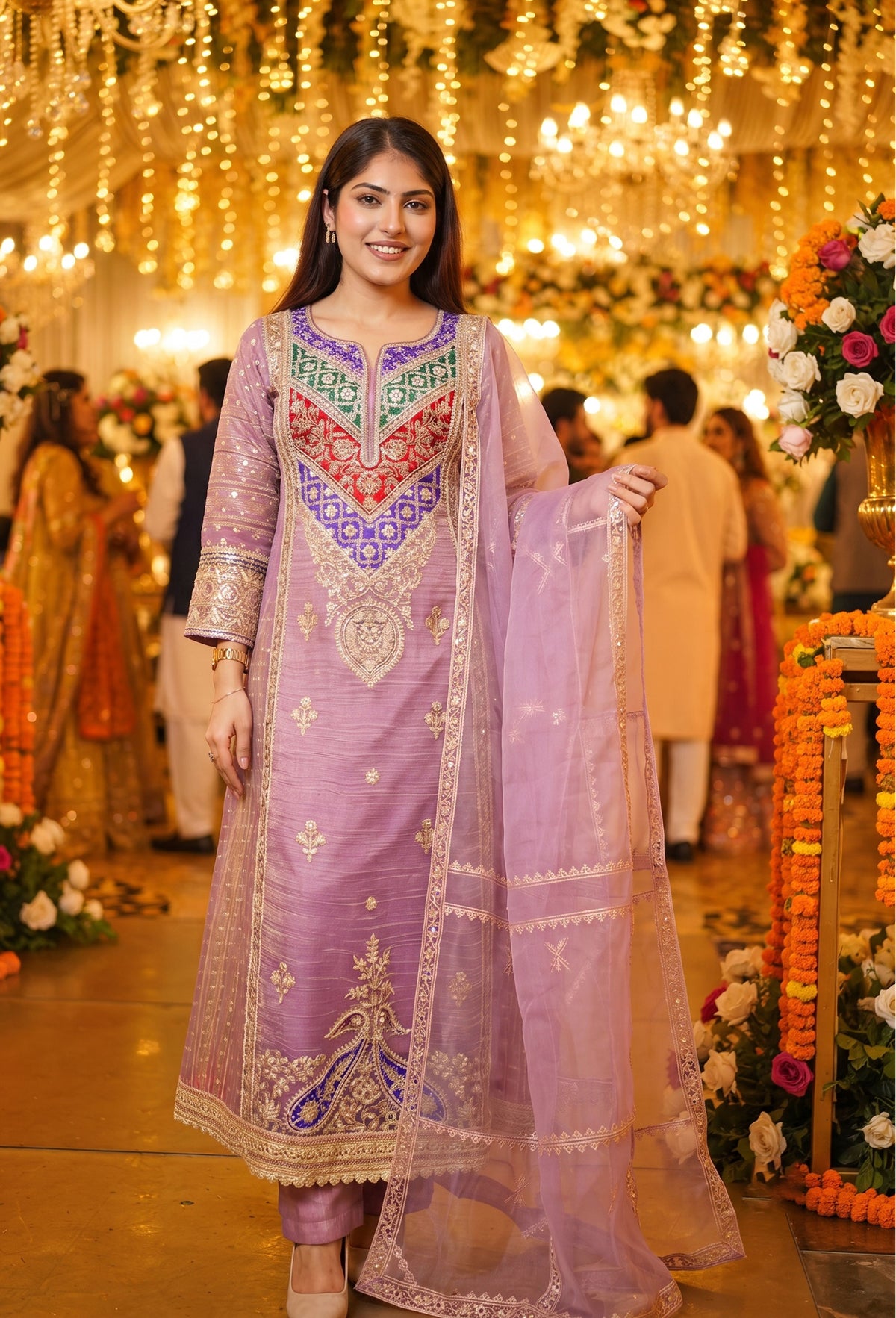 Partywear Crush Silk Anarkali with Embroidered Trouser and Dupatta