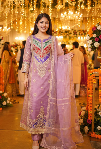 Partywear Crush Silk Anarkali with Embroidered Trouser and Dupatta