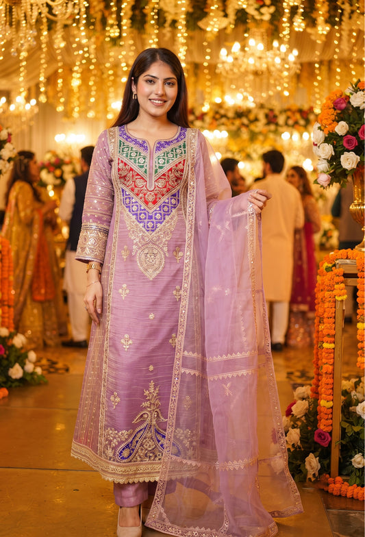 Partywear Crush Silk Anarkali with Embroidered Trouser and Dupatta