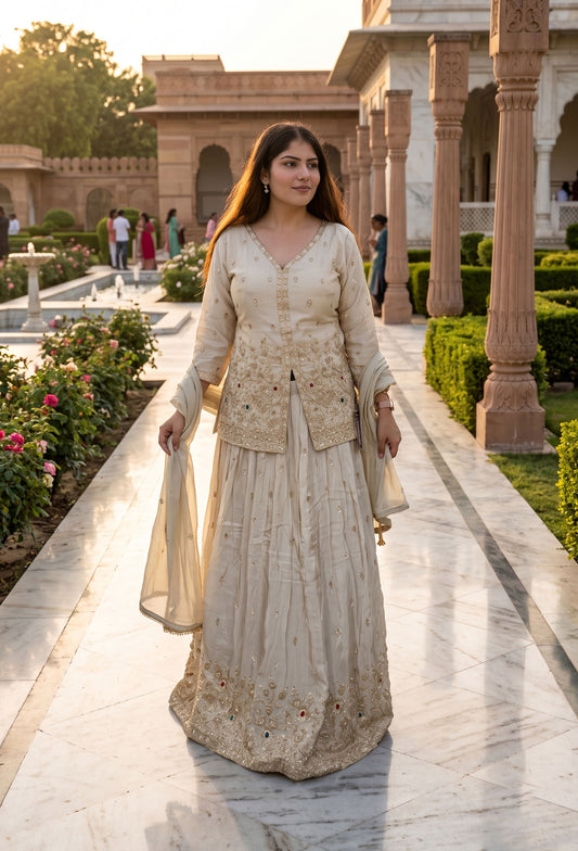 Designer Lehenga Set with Full Sleeve Beadwork Shirt and Dupatta