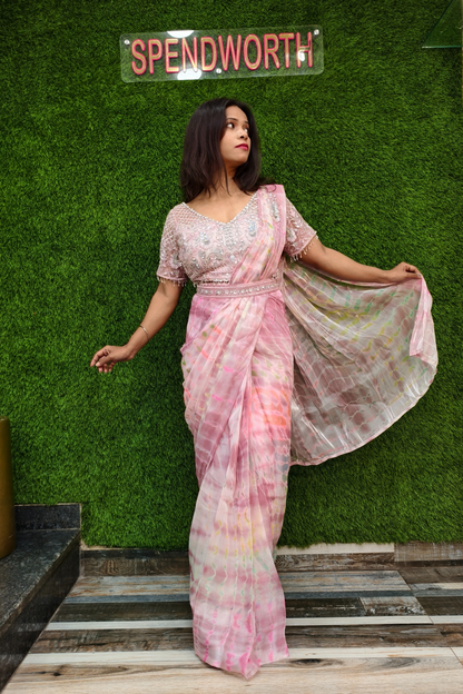 Hand Embellished Blouse Drape  Saree in Pink.