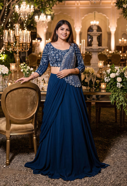 2 in 1 Indo Western Dress with Embellished Choli and Long Cape