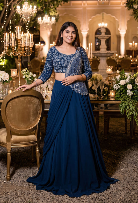 2 in 1 Indo Western Dress with Embellished Choli and Long Cape