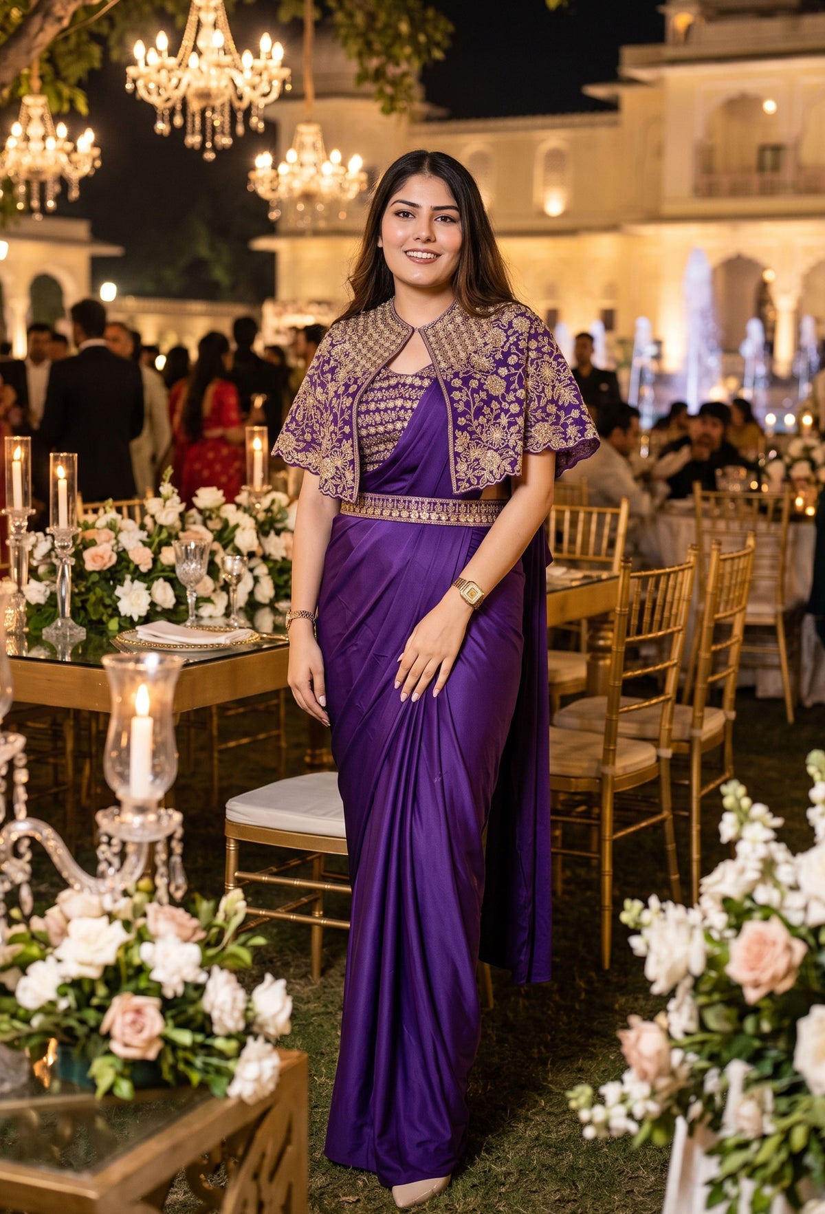Pure Girlish Hand-Embellished Ready-to-Wear Lycra Drape Saree with Belt