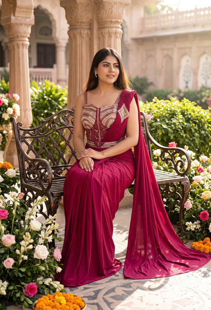 Ready to Wear Drape Saree with Spaghetti Corset Blouse and Belt