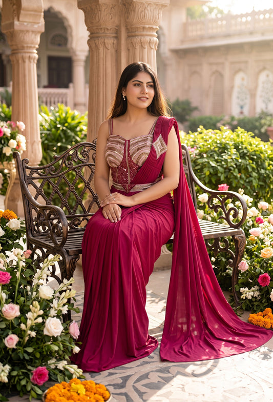 Ready to Wear Drape Saree with Spaghetti Corset Blouse and Belt