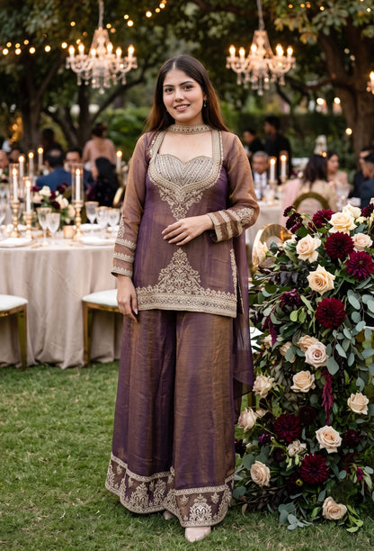 Bustier Style Partywear Co-ord Set with  Palazzo and Bordered Dupatta