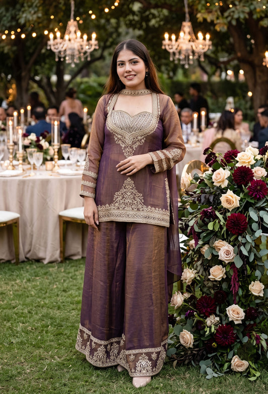 Bustier Style Partywear Co-ord Set with  Palazzo and Bordered Dupatta