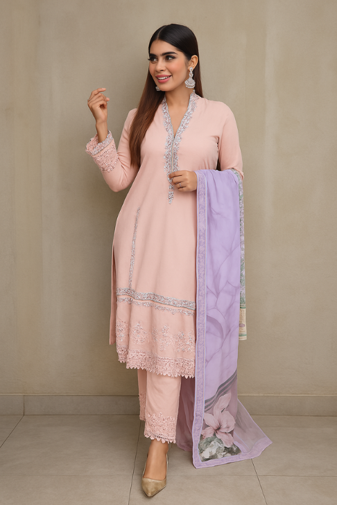 Pakistani Style Kurta Set With Duppatta In Pink