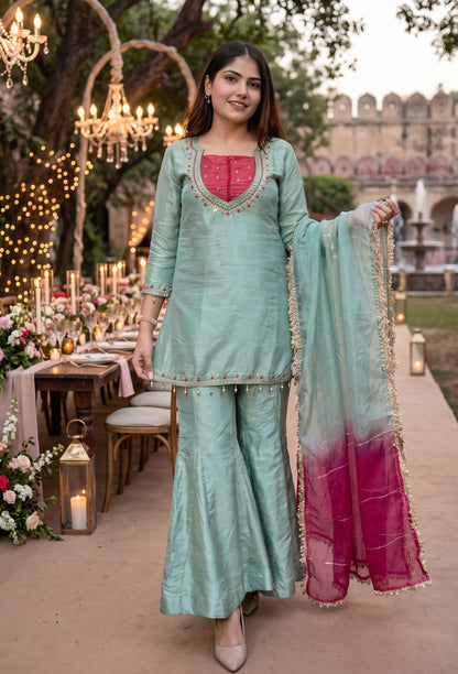 Designer Silk Suit Set with Organza Tie Die Dupatta