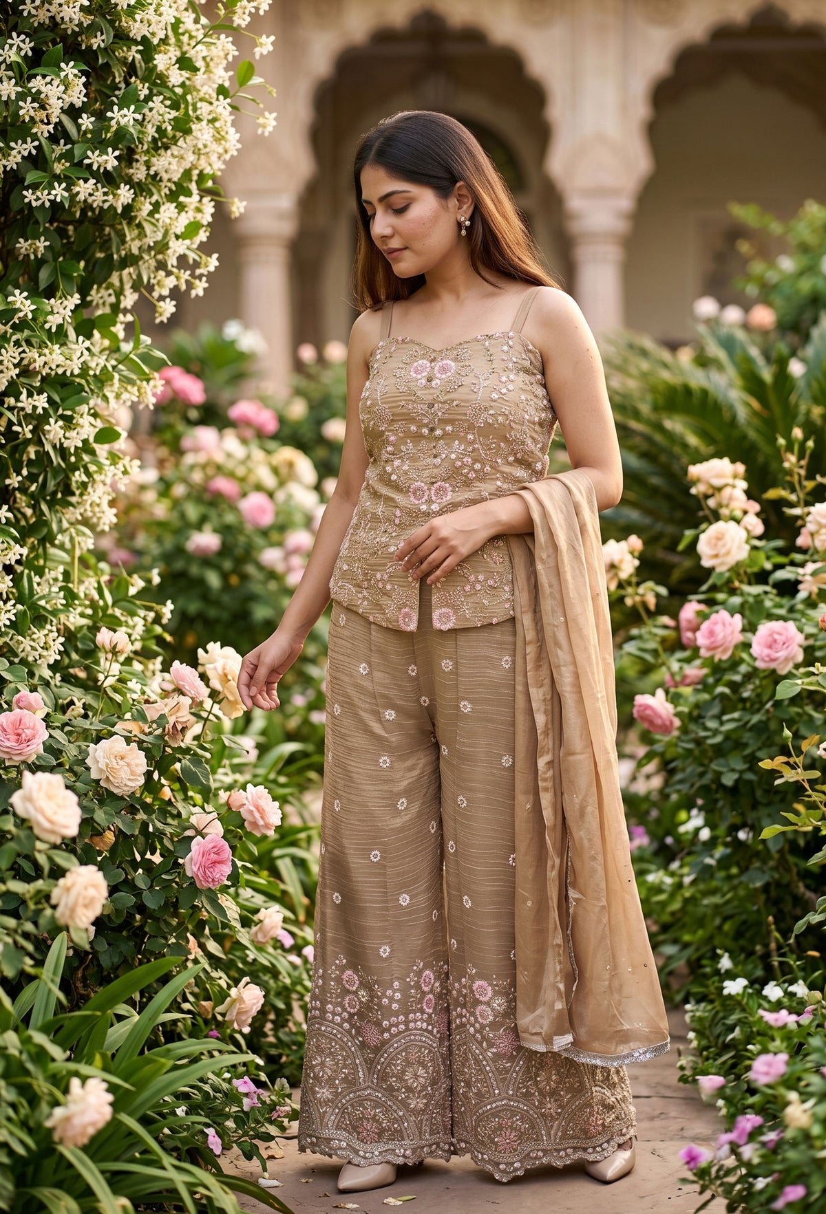 Spaghetti Style Short Full Beadwork Palazzo Set with Dupatta