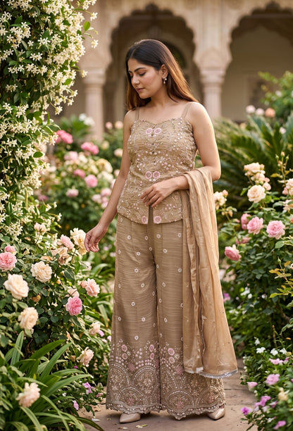 Spaghetti Style Short Full Beadwork Palazzo Set with Dupatta