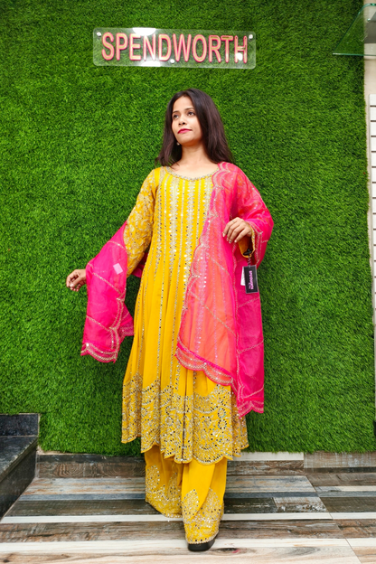 Mirror Work long Anarkali Partywear Suit with PLazo.