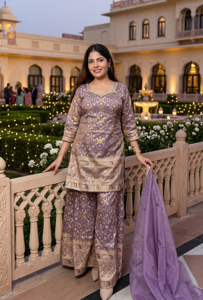 Pure Banarasi Straight Sharara Suit with Organza Bordered Dupatta