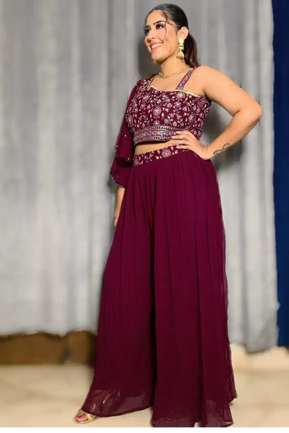 Off Shoulder Crop Top With Sharara In Wine