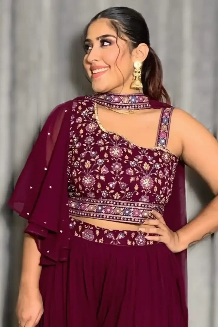 Off Shoulder Crop Top With Sharara In Wine