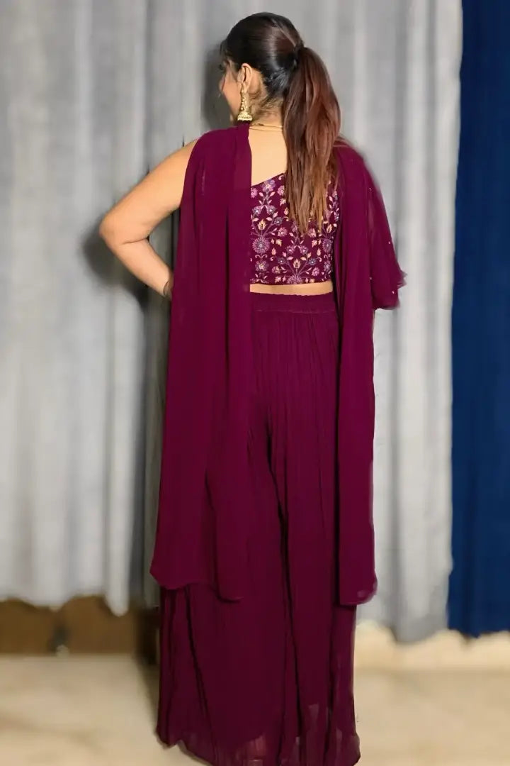 Off Shoulder Crop Top With Sharara In Wine