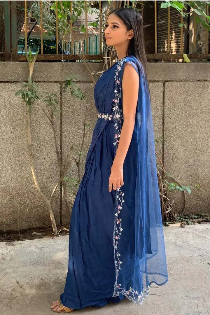 Indo Western Dress With Separate Shrug in Blue