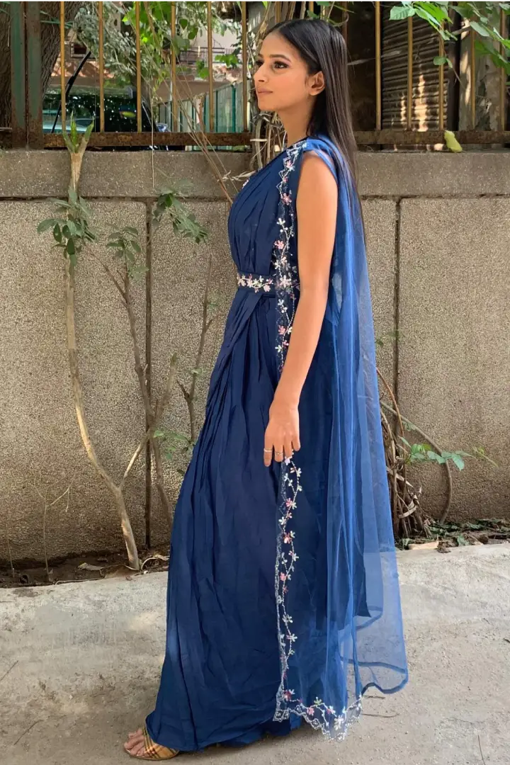 Indo Western Dress With Separate Shrug in Blue Spend Worth